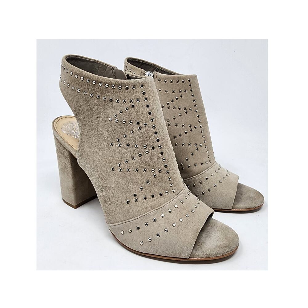Vince Camuto Winelta Peep-Toe Booties Women 9M Beige Studded Block Heel Shooties